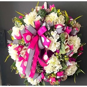 pink white hydrangea wreath, everyday wreath for Front Door, front door...